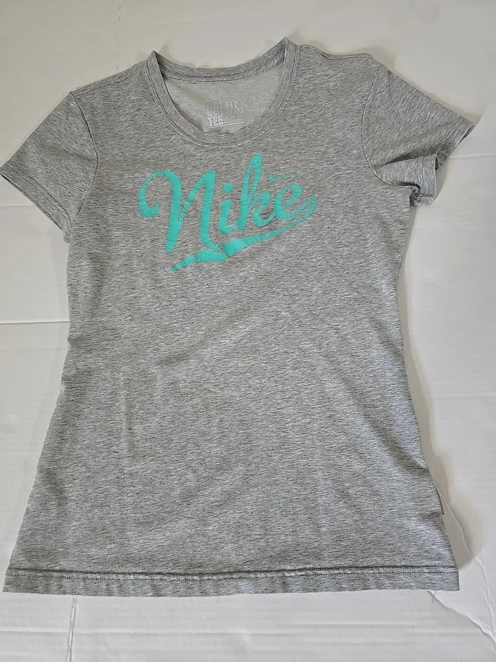 Nike Women's Gray Tee with Teal Script Logo